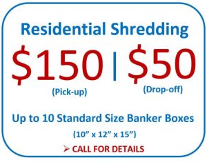 A graphic showing pricing for Residential Shredding as $150 for pick-up and $50 for drop-off that allows for up to 10 standard size banker boxes.
